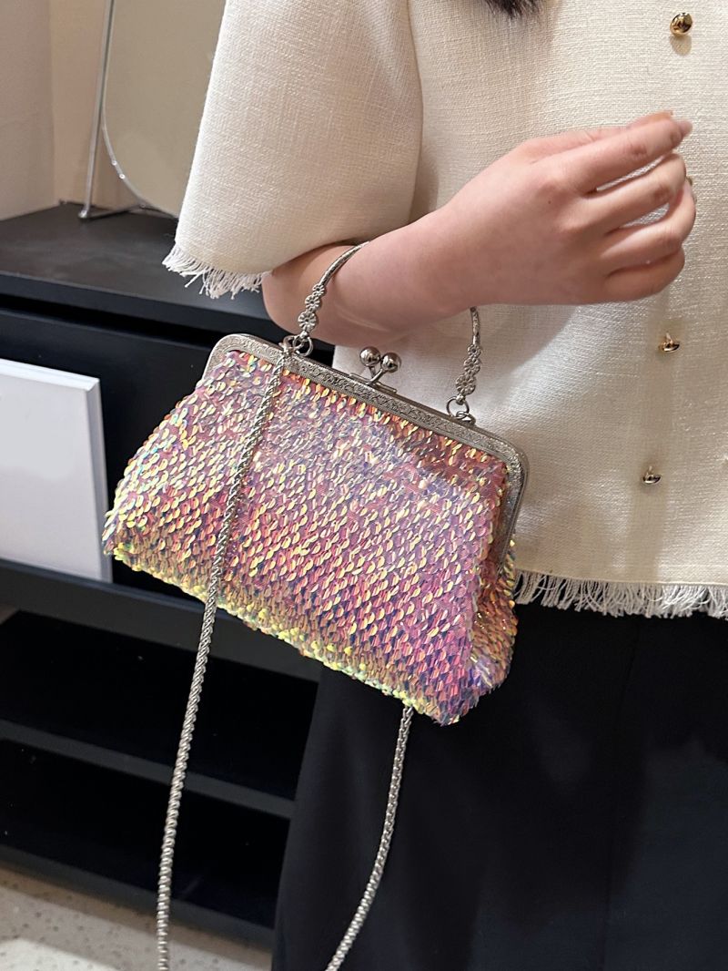 Sequin Decor Square Bag Chain Kiss Lock