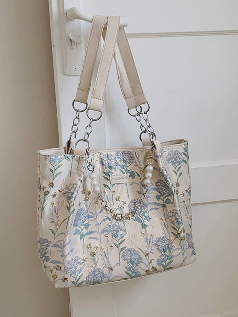 Small Shoulder Tote Bag Floral Pattern Pearl & Chain Decor