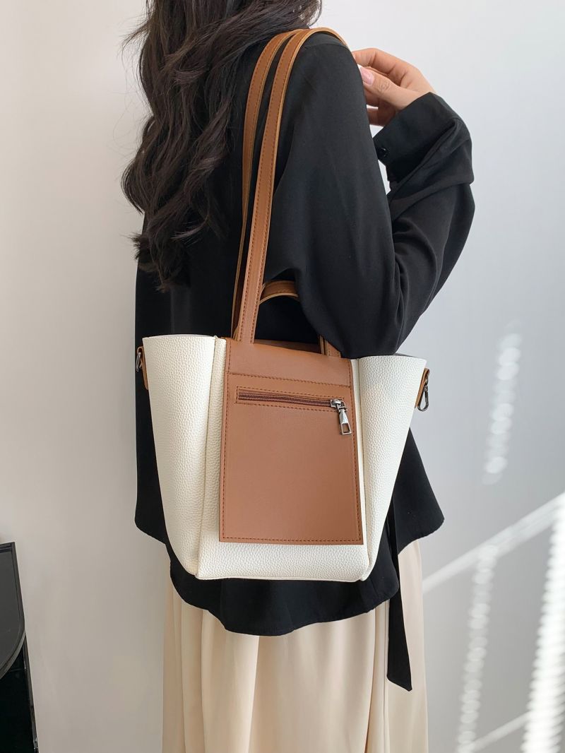 Litchi Embossed Bucket Bag Colorblock Large Capacity For Work