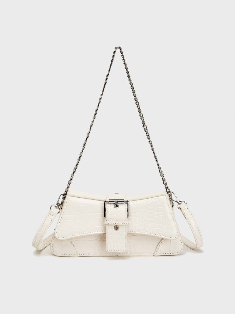 Buckle Decor Baguette Bag Crocodile Embossed