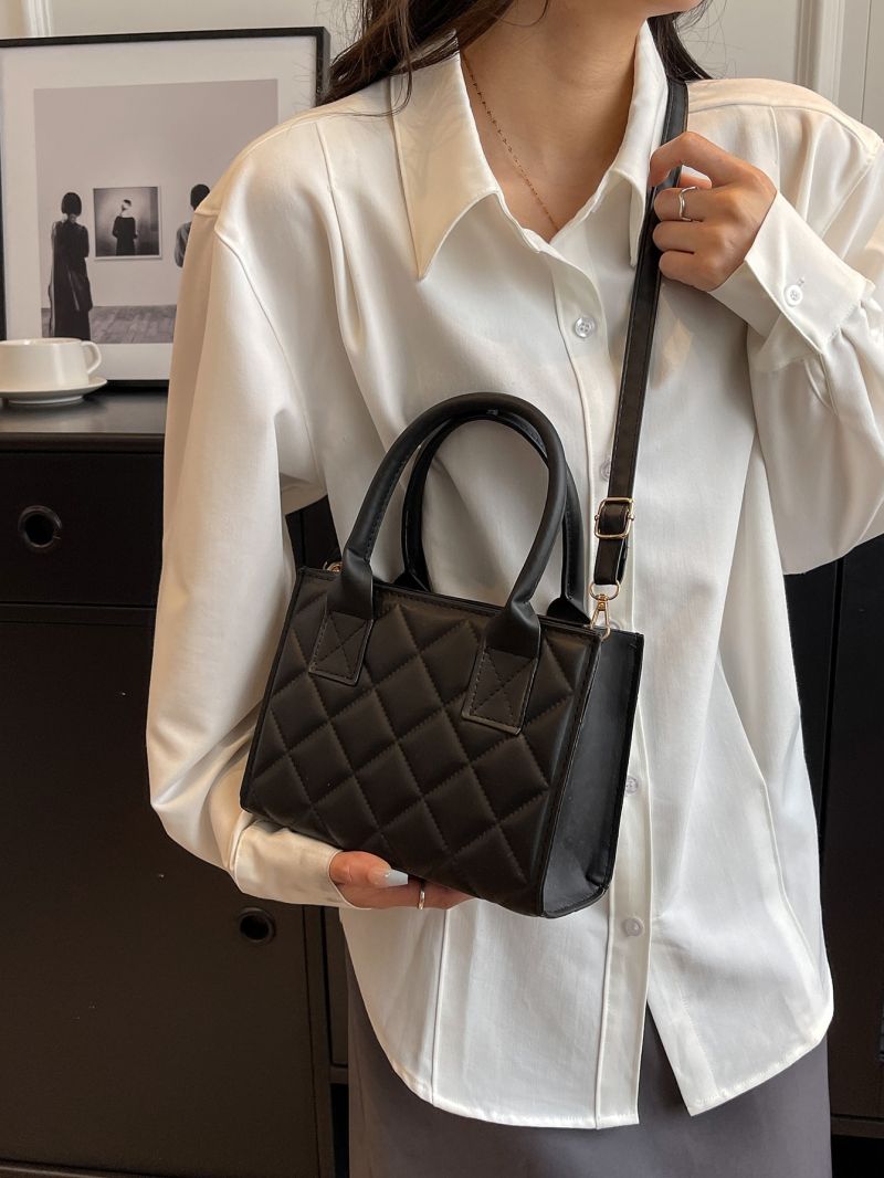 Mini Square Bag With Zipper Quilted Detail Double Handle Black PU Elegant