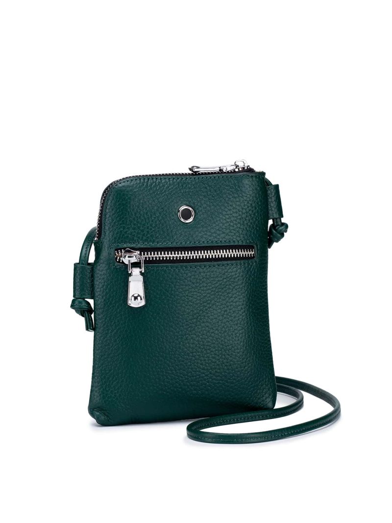 Solid Color Phone Wallet Litchi Embossed With Zipper Green Genuine Leather Casual