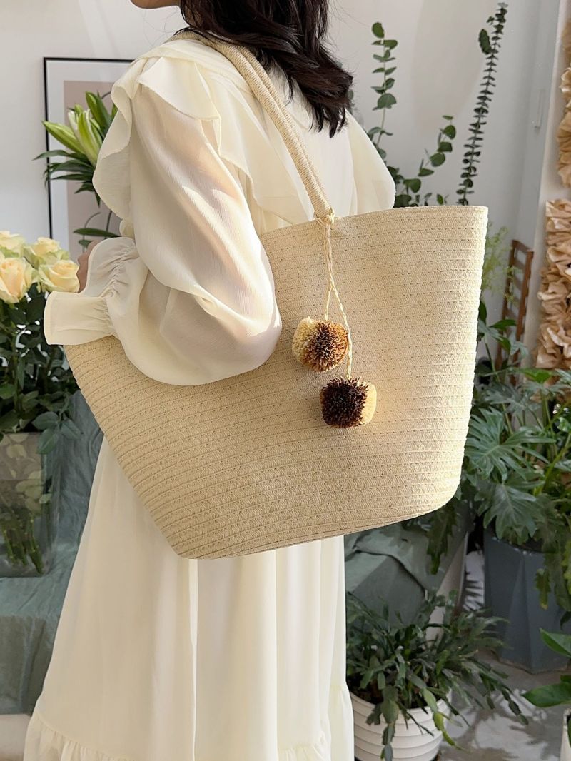 Oversized Straw Bag Pom Pom Decor