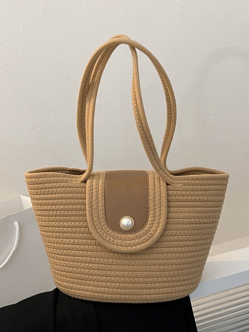 Colorblock Straw Bag Faux Pearl Beaded Medium Vacation