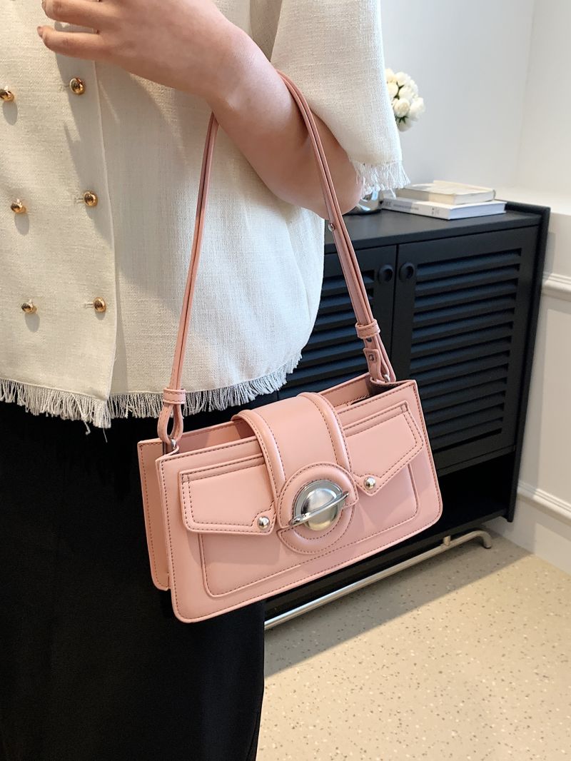 Pink Square Bag Fashionable Magnetic Studded Decor PU
