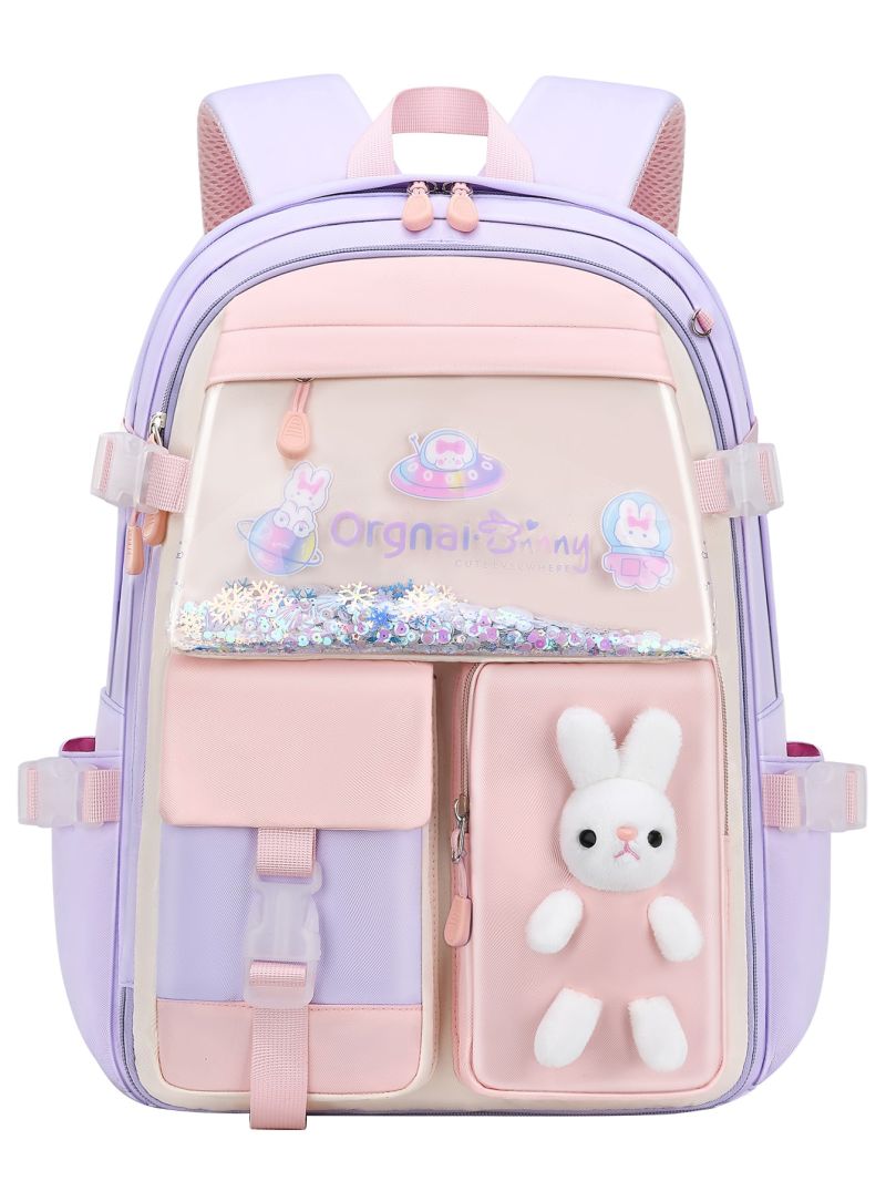 Colorblock Classic Backpack Cartoon Rabbit Pattern Release Buckle Decor For School