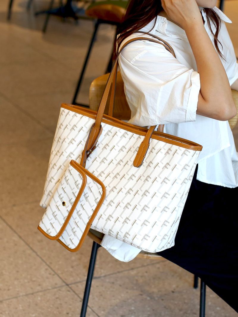 All Over Print Shoulder Tote Bag White Fashionable Double Handle With Square Bag For Work