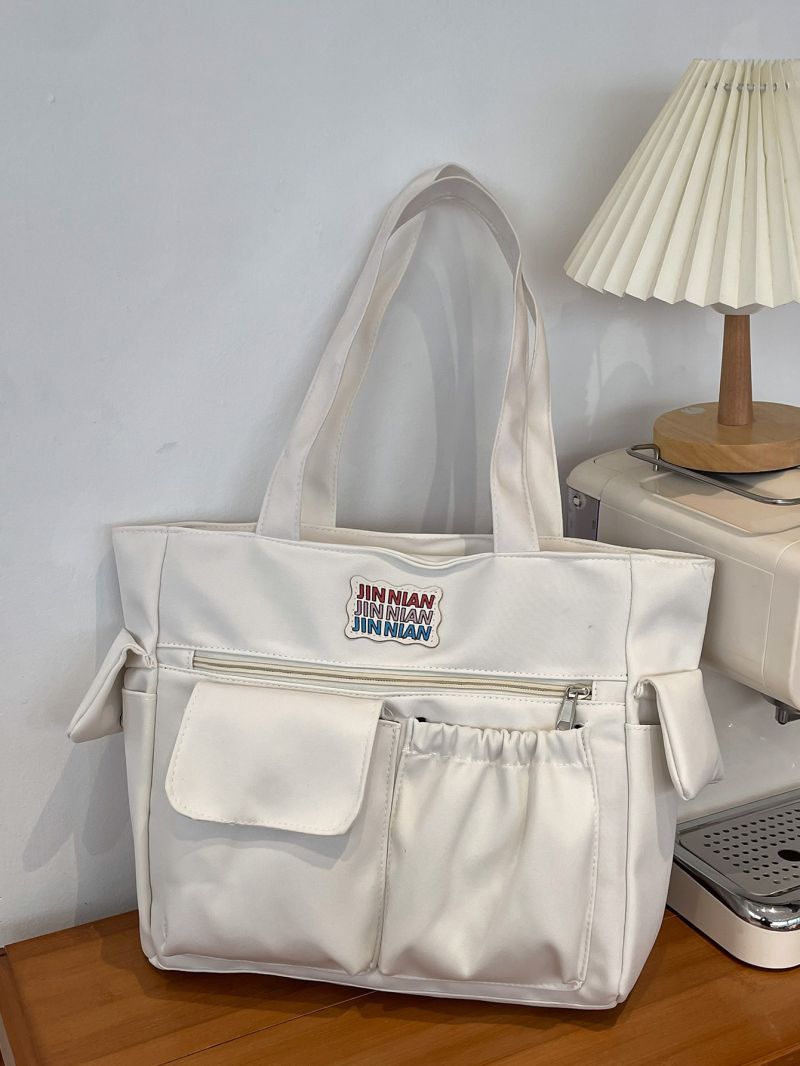 Letter Patch Shopper Bag Pocket Front Casual
