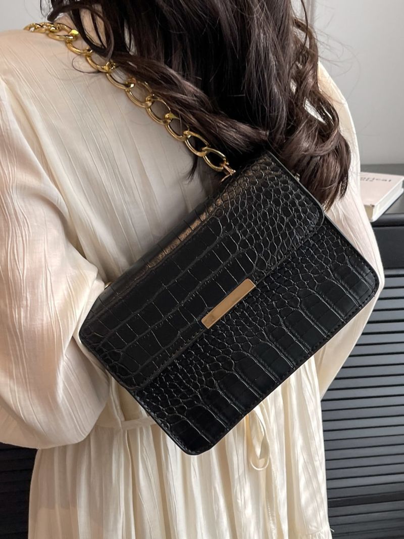 Small Flap Square Bag Crocodile Embossed Metal Decor Elegant