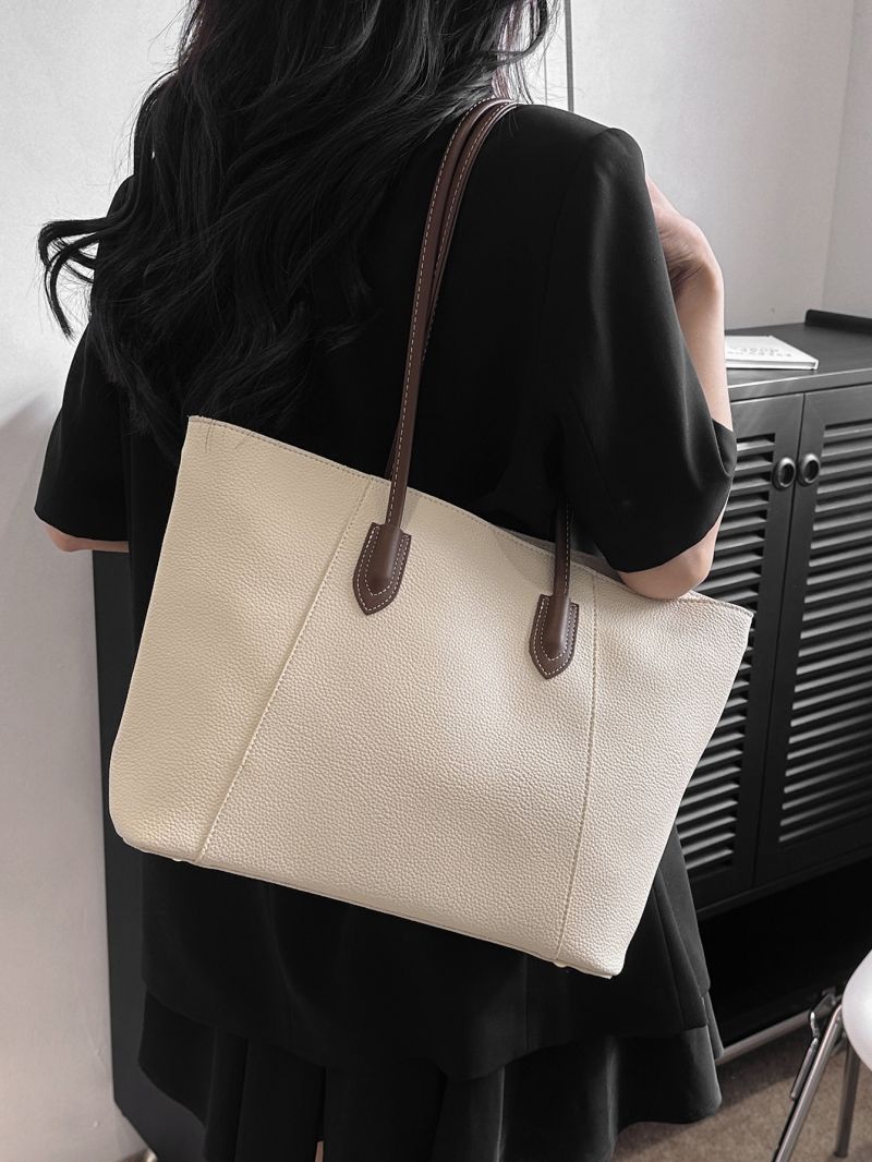 Litchi Embossed Shoulder Tote Bag Large Capacity Beige