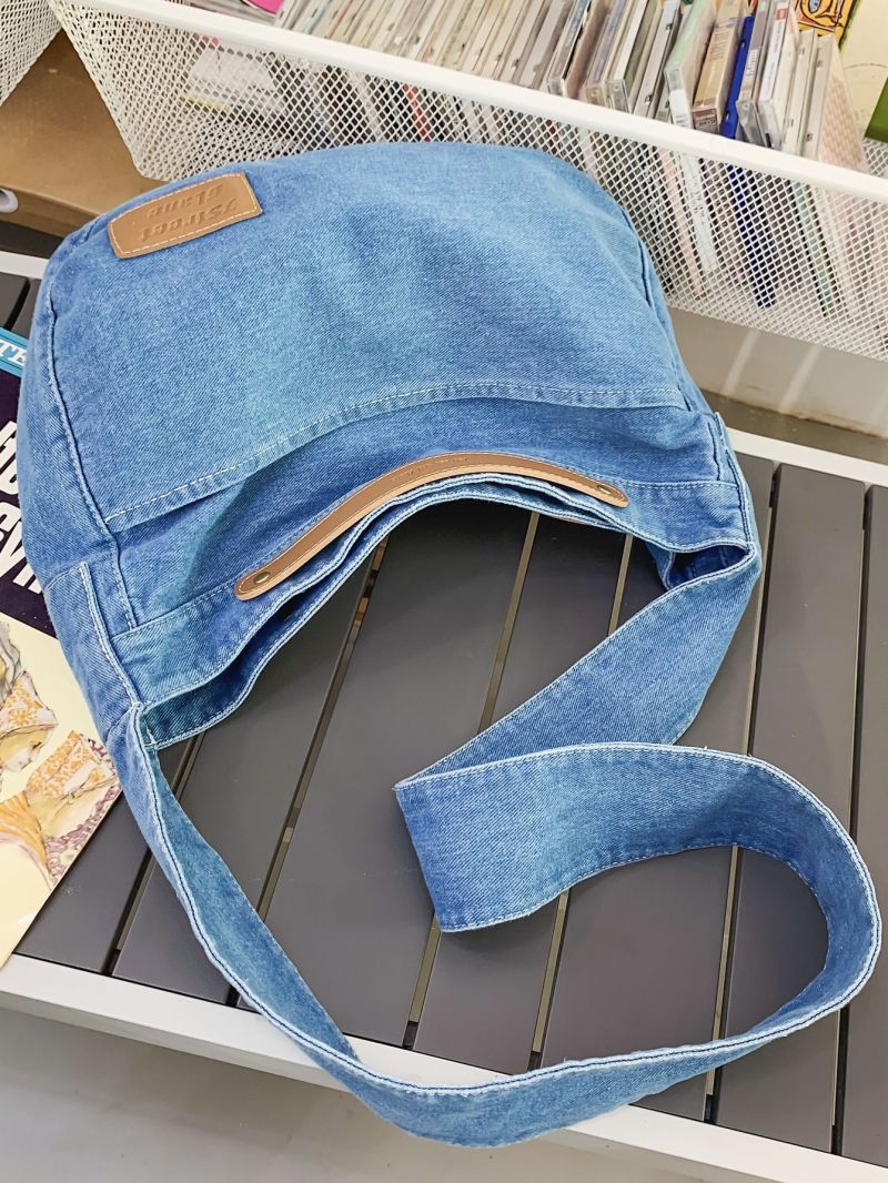 Denim Hobo Bag Patch Detail Large Capacity