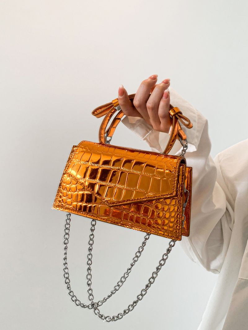 Mini Square Bag Metallic Crocodile Embossed Chain Strap