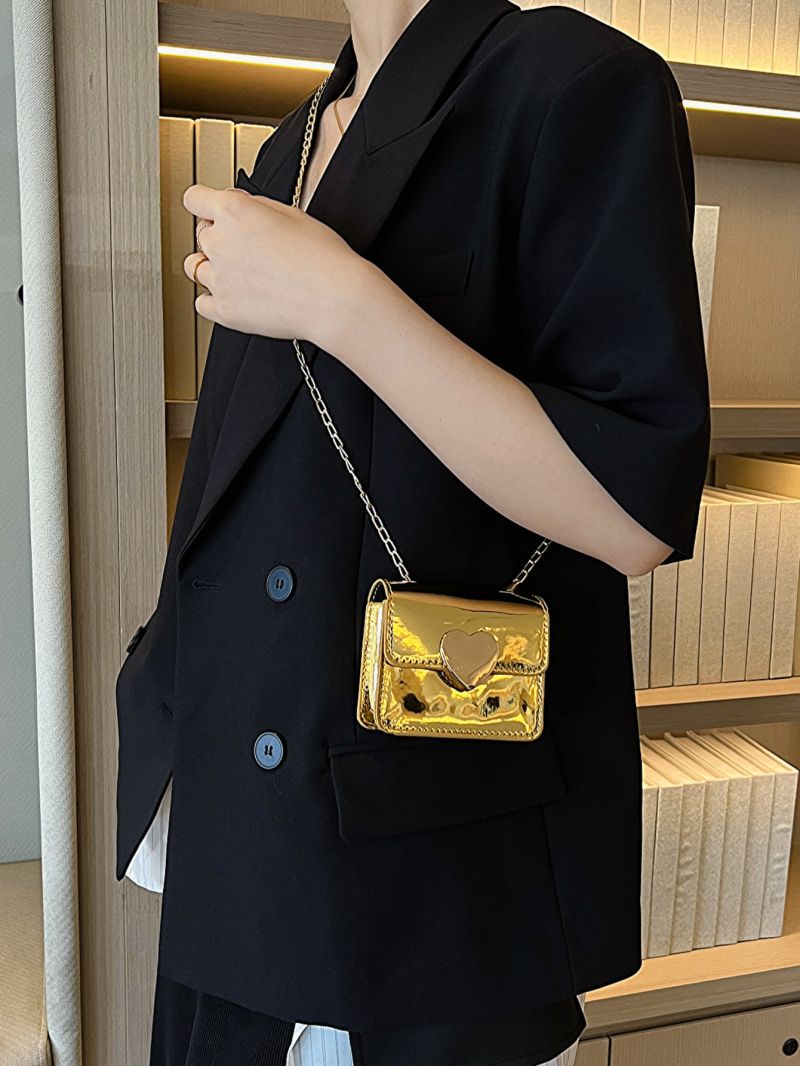 Mini Square Bag Heart Decor Flap Chain Metallic PU Funky