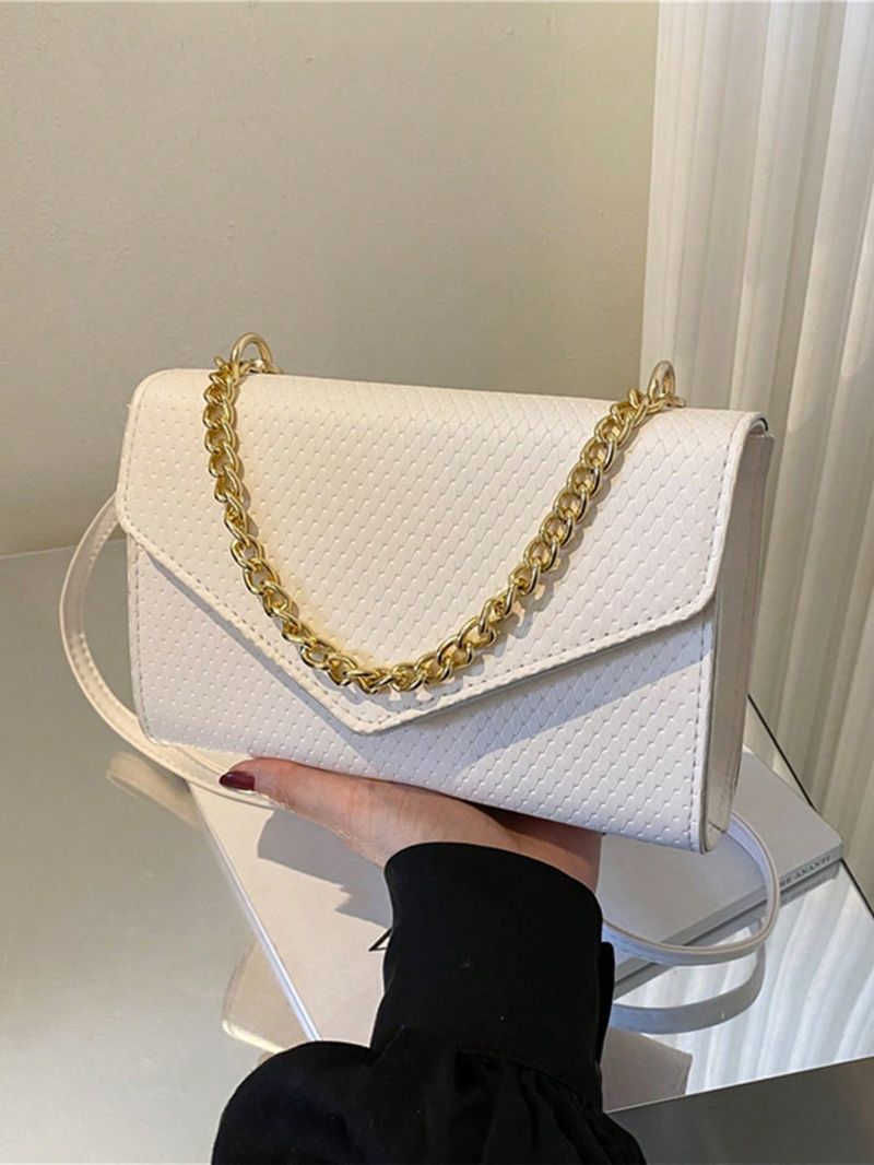 Geometric Embossed Square Bag Chain Decor Flap White PU