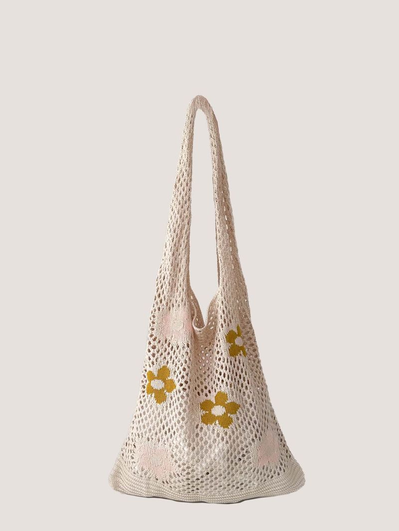 Floral Pattern Crochet Bag Hollow Out Vacation Fashion Hollowed Out Design Hand Bill Of Lading Shoulder Bag, Floral Details Crochet Bag, Ladies Holiday Leisure Large Capacity Woven Shopping Bag