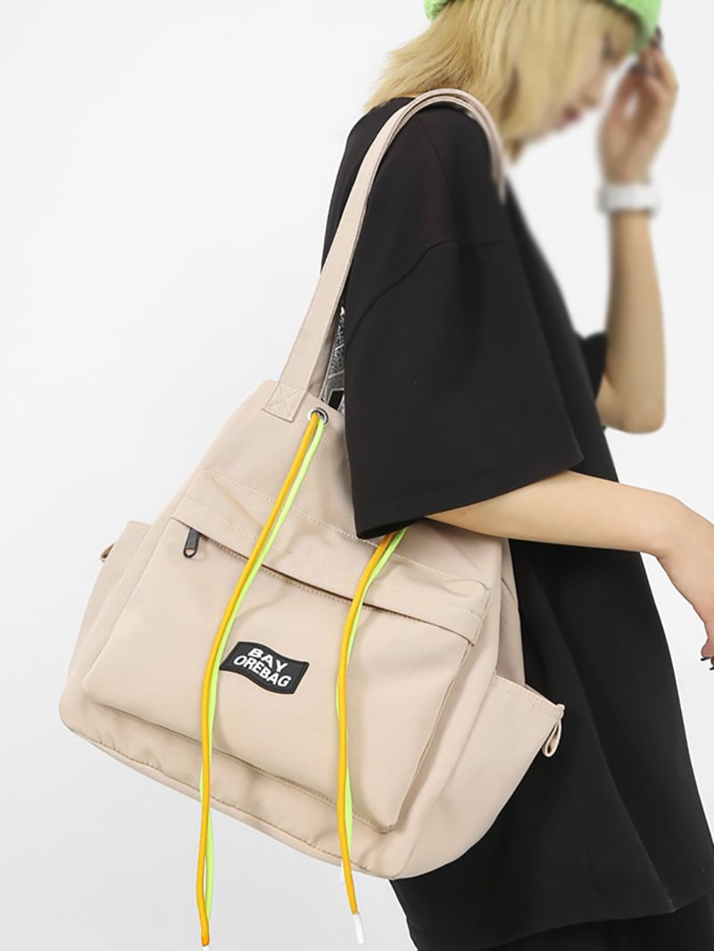 Letter Patch Shoulder Tote Bag Pocket Front Large Capacity For Daily