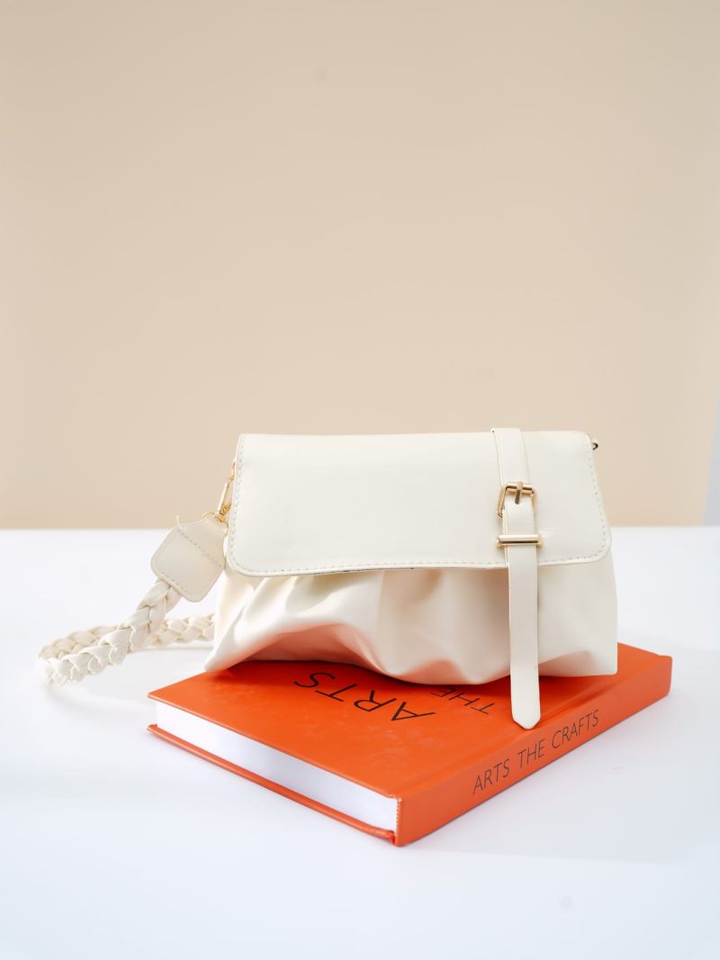 Buckle Decor Flap Ruched Bag Braided Detail