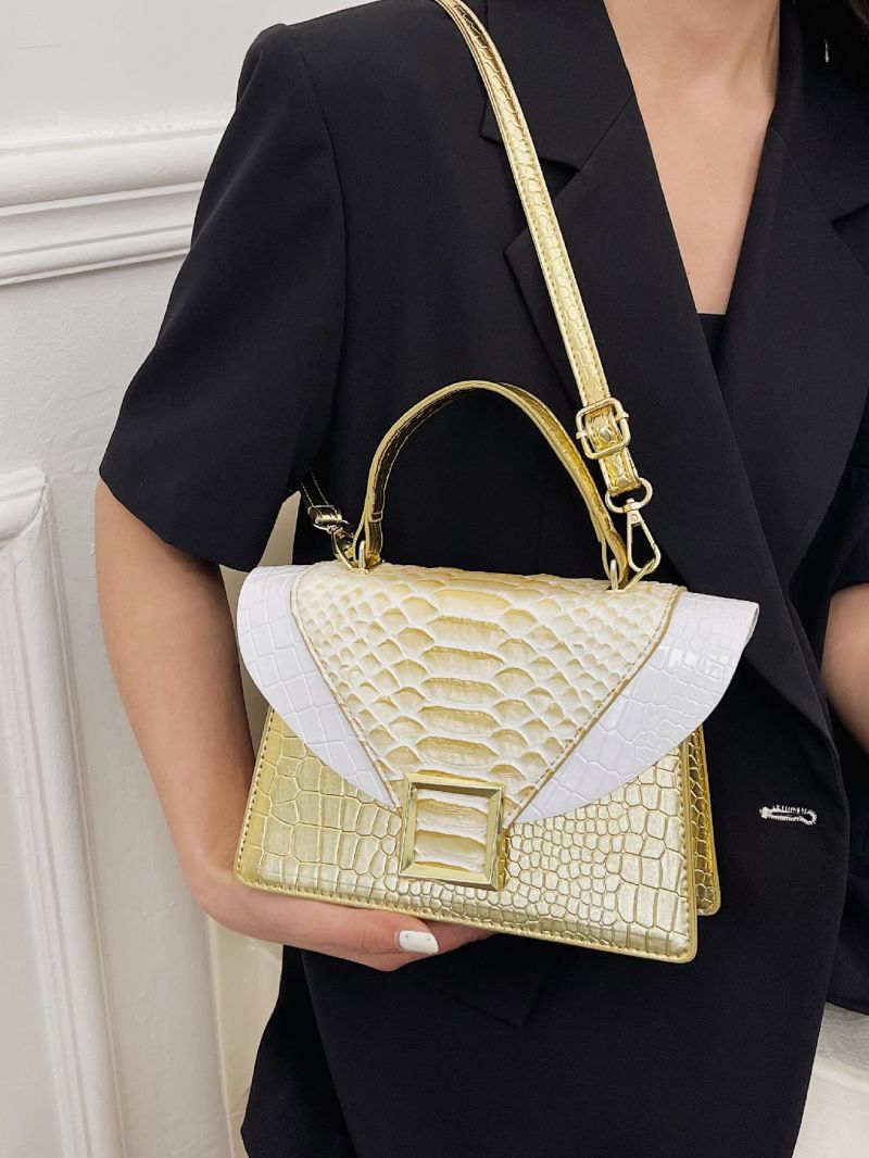 Snakeskin Embossed Square Bag Metal Decor Fashion Metallic