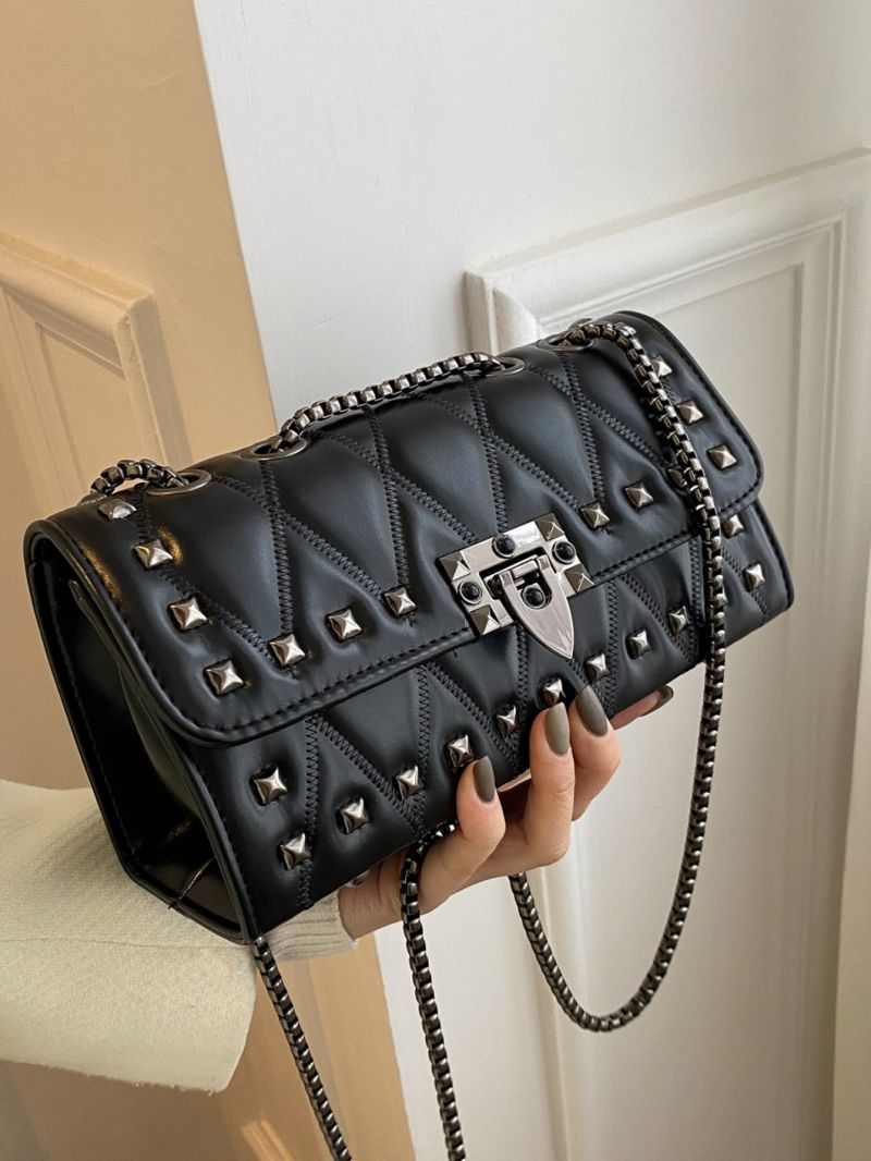 Small Flap Square Bag Quilted Pattern Studded Decor Punk