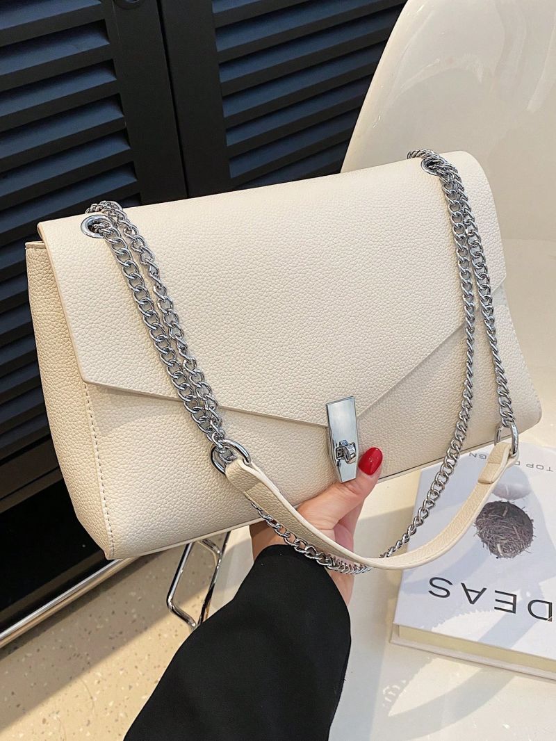 Litchi Embossed Flap Square Bag Metal Decor Elegant