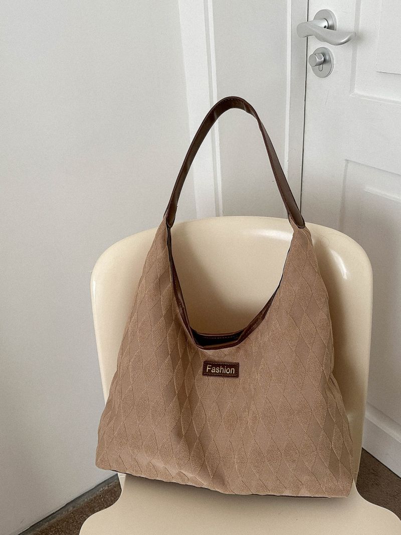 Large Hobo Bag Letter Patch Decor Geometric Embossed