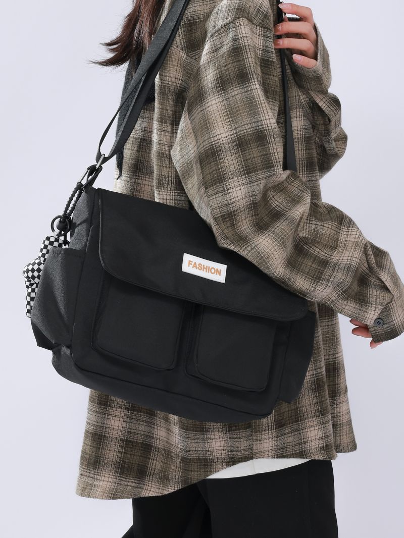 Medium Messenger Bag Letter Patch Decor Multi-Pocket With Bag Charm