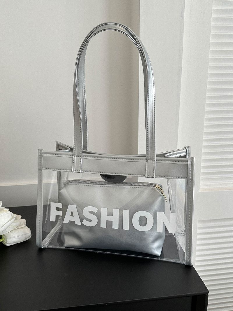 Clear Beach Bag Letter Graphic Contrast Binding With Inner Pouch