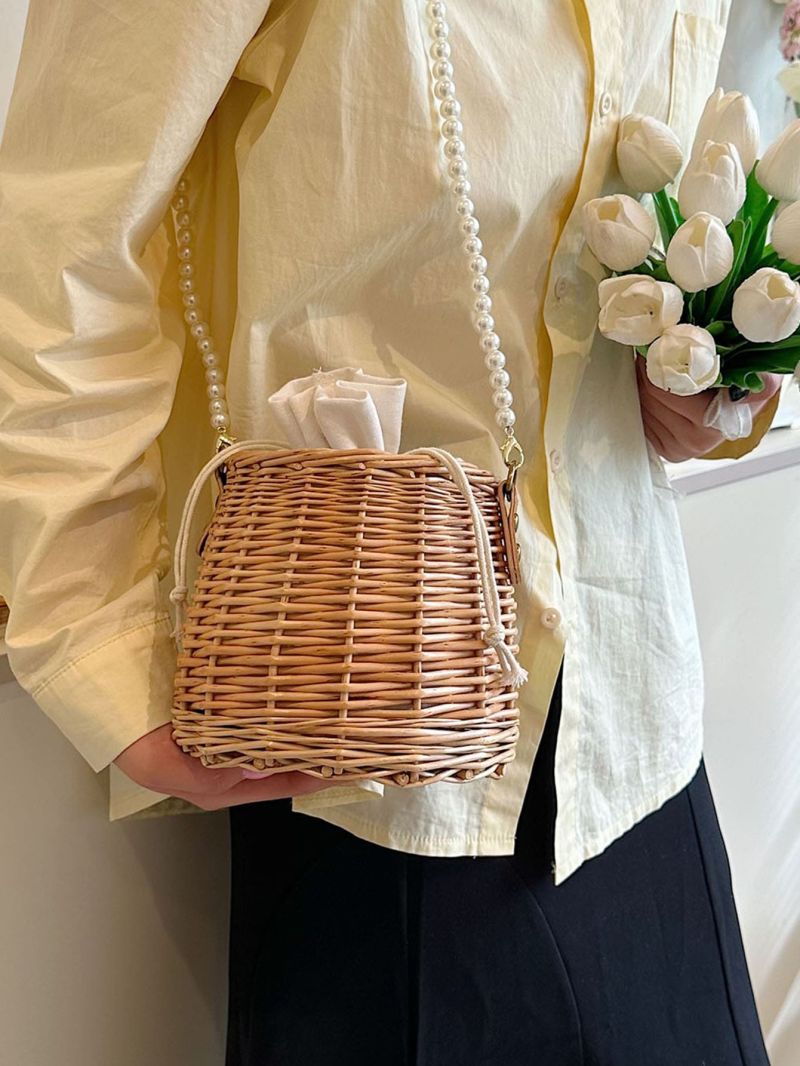Mini Straw Bag Faux Pearl Decor Drawstring Design