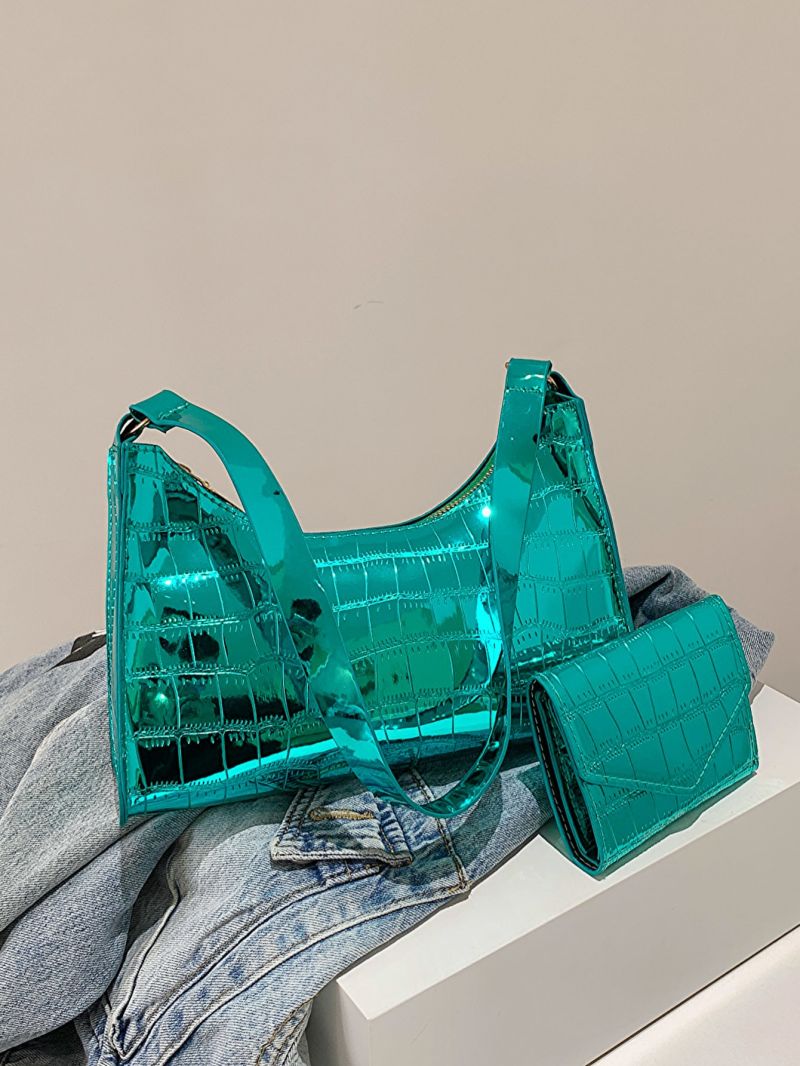 Metallic Baguette Bag Crocodile Embossed With Coin Purse