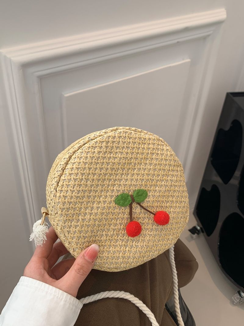 Mini Straw Bag Cherry Decor Circle Bag For Vacation