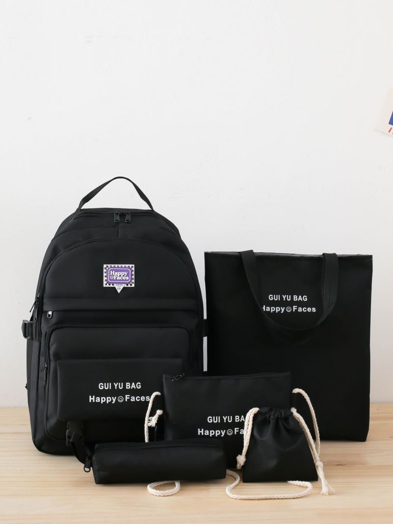 5pcs Backpack Set Letter Pattern Classic Backpack Square Bag Pencil Case For School