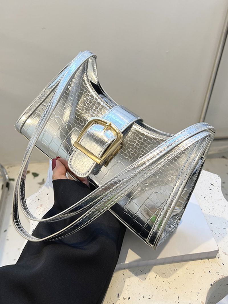 Crocodile Embossed Baguette Bag Silver Buckle Decor Double Handle