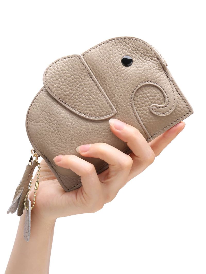 Mini Coin Purse Genuine Leather Cute Elephant Pattern Heart & Tassel Decor Zipper For Daily Decoration