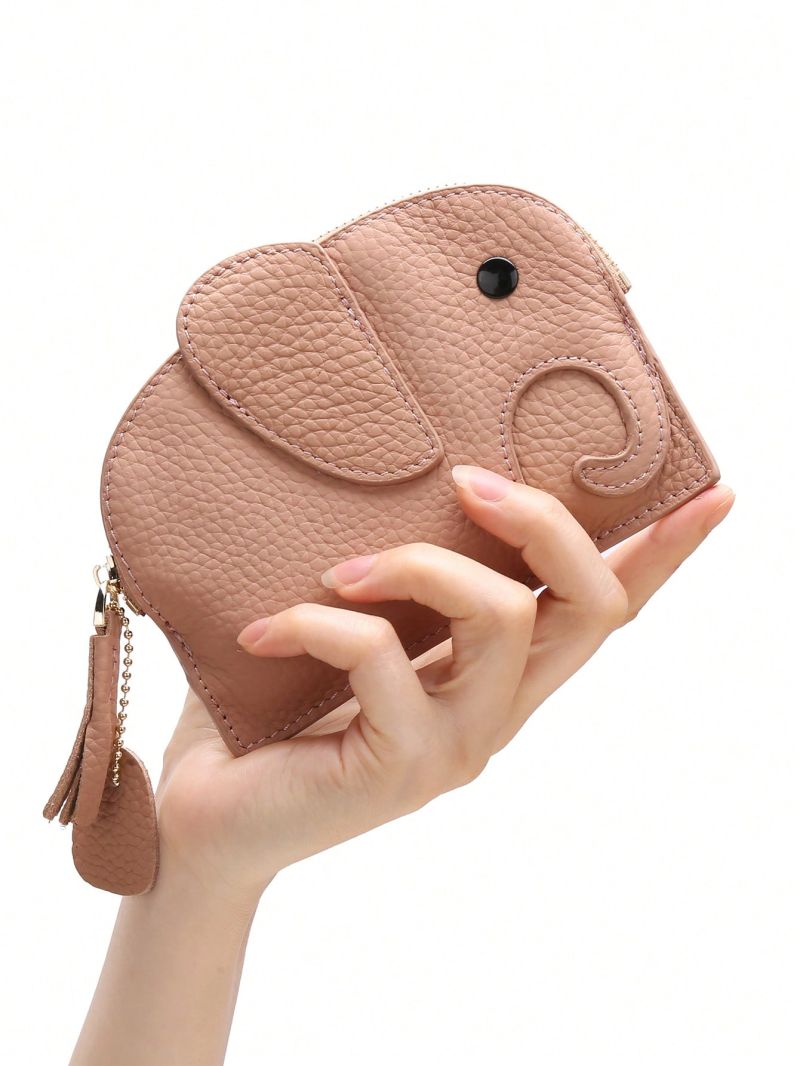 Mini Coin Purse Genuine Leather Cute Elephant Pattern Heart & Tassel Decor Zipper For Daily Decoration