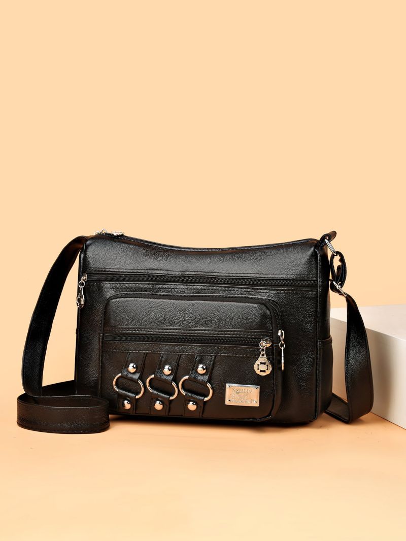 Black Square Bag Fashionable Buckle Decor Zipper With Adjustable-strap For Shopping