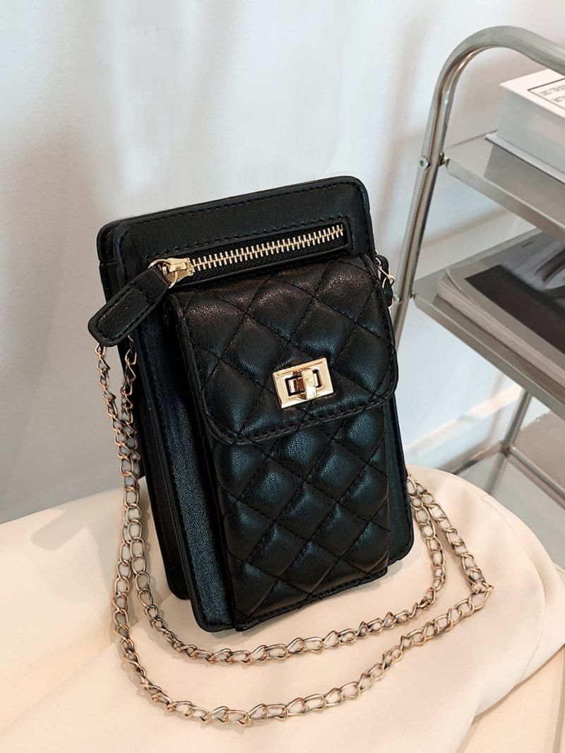 Quilted Phone Wallet Twist Lock PU Black