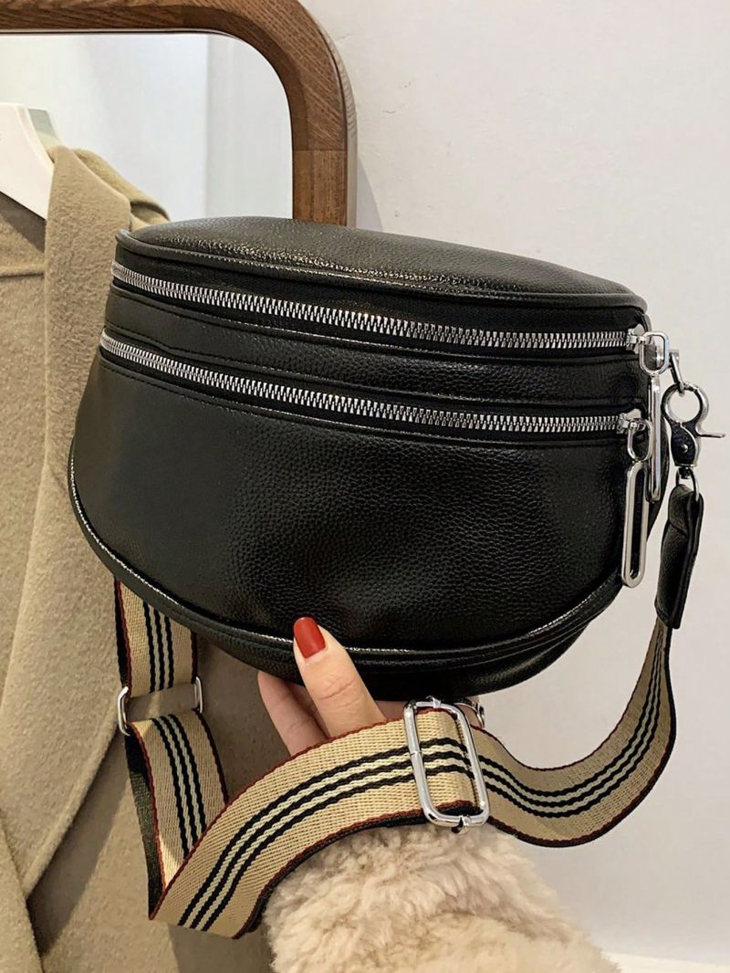 Fashion Double Zipper Front Saddle Fanny Pack, Women's Artificial Leather Crossbody Bag With Wide Strap