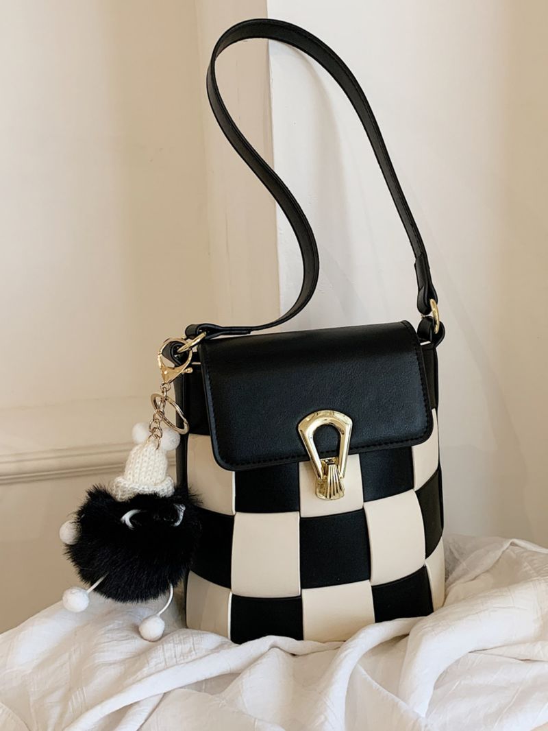 Mini Bucket Bag Flap With Pompom Bag Charm PU Fashionable