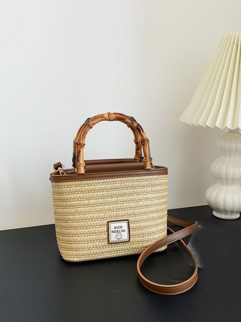 Small Straw Bag Double Handle Letter Patch Decor