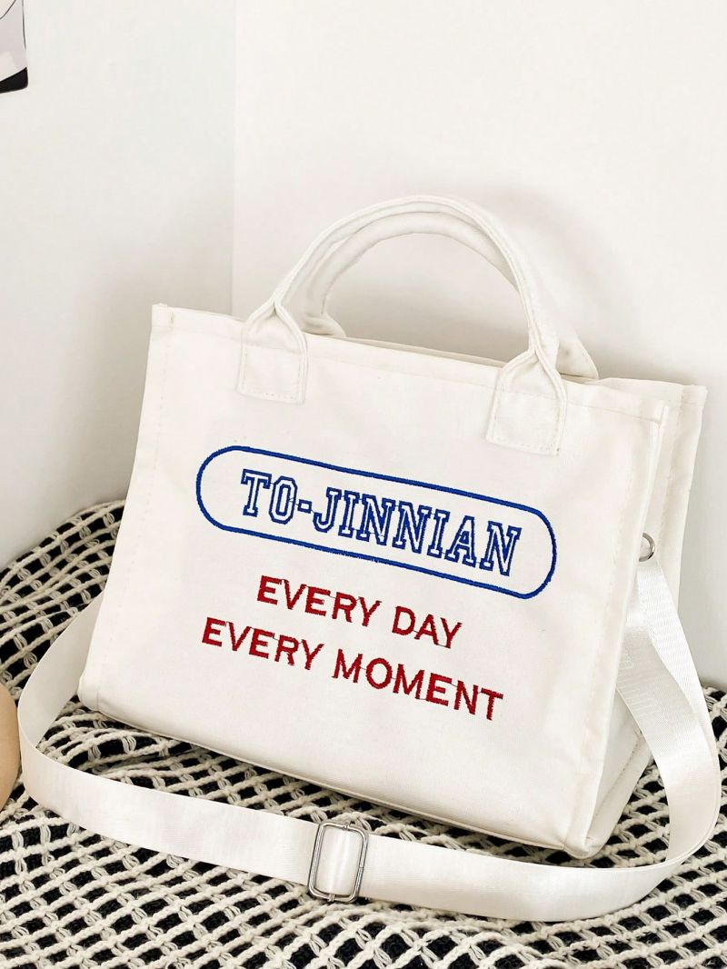 Letter Embroidered Shopper Bag Nylon Preppy
