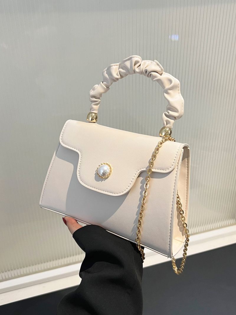 Faux Pearl Decor Square Bag Ruched Handle Mini