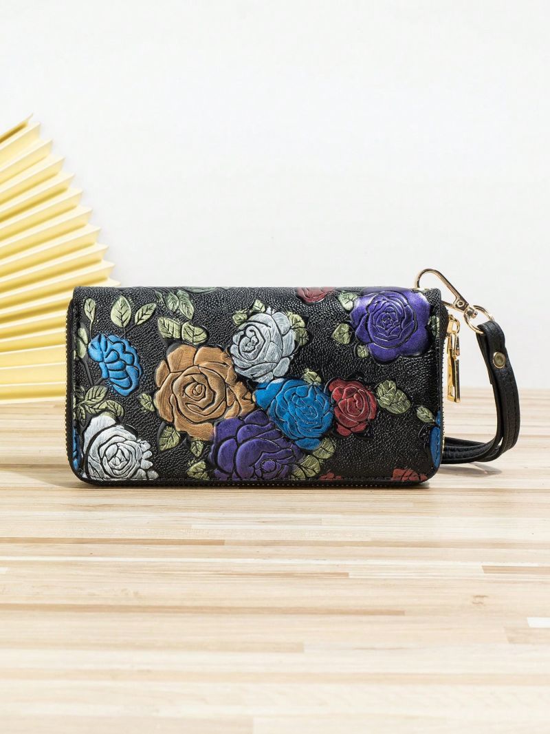 Flower Graphic Long Wallet Zipper With Wristlet