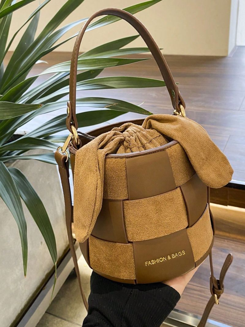 Mini Bucket Bag Braided Design Letter Graphic Drawstring Design