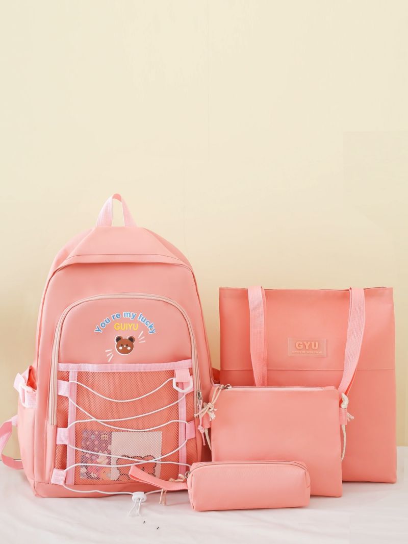 4pcs Bag Set Backpack Cartoon Pattern Shopper Bag Square Bag