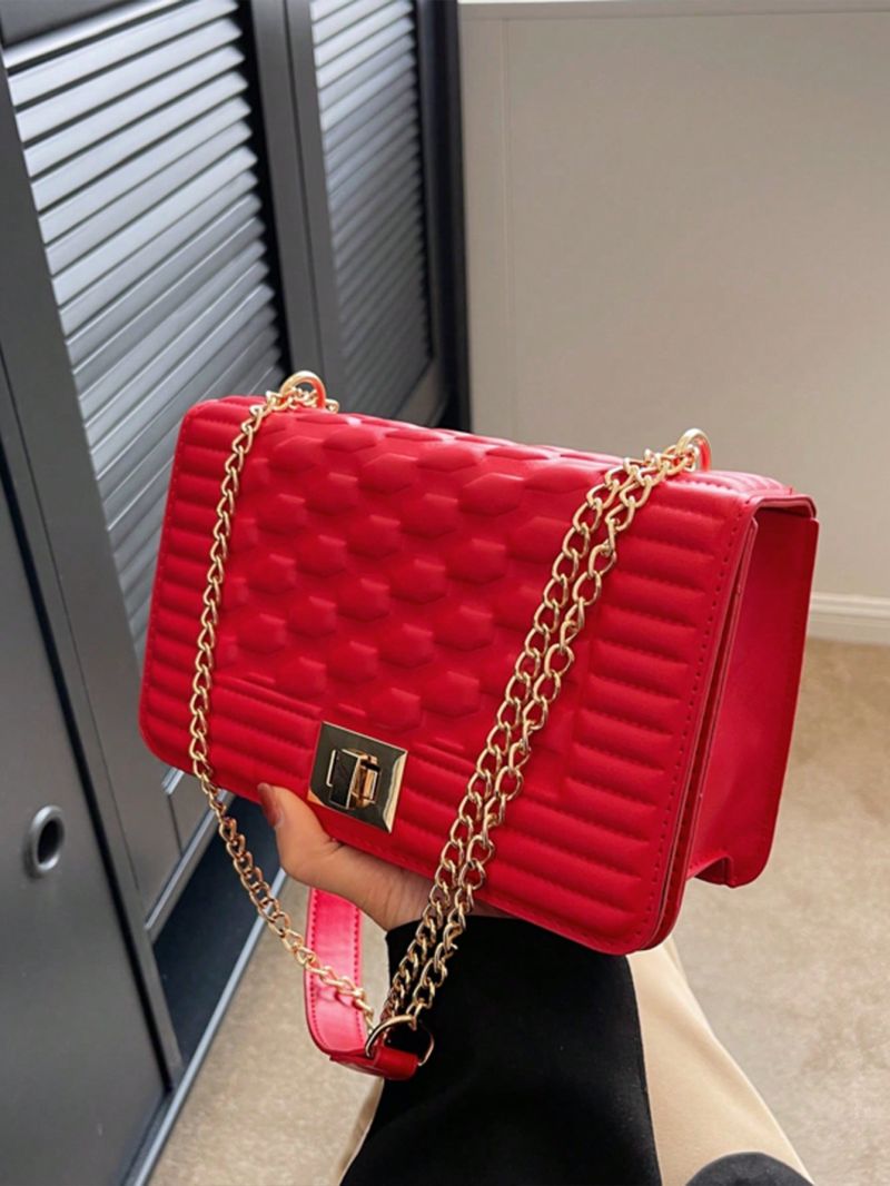 Small Square Bag Quilted & Embossed Detail Chain Strap Twist Lock