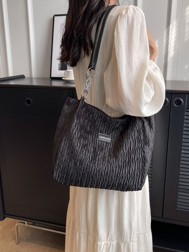 Letter Patch Shoulder Tote Bag Chain Detail