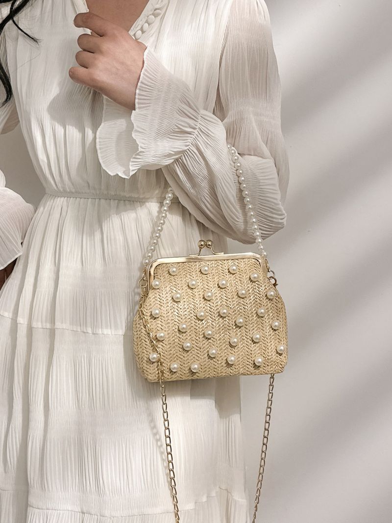 Small Straw Bag Faux Pearl Decor Chain Strap Kiss Lock Design