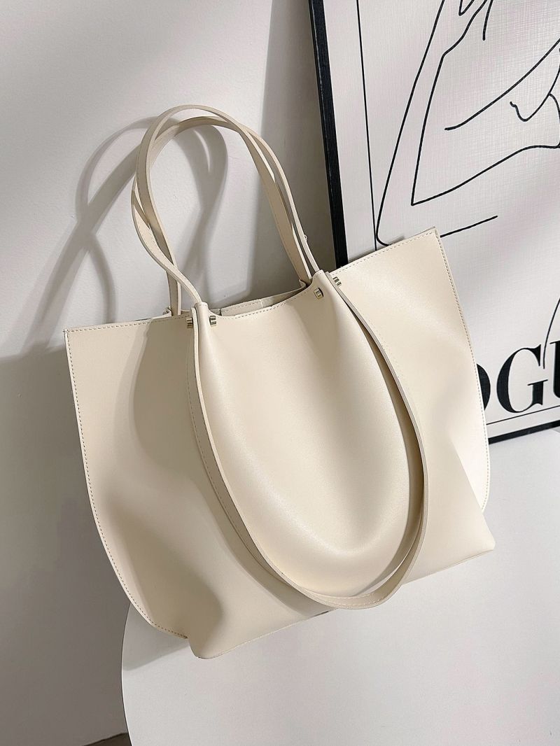 Studded Decor Bucket Bag Beige Minimalist Double Handle For Work