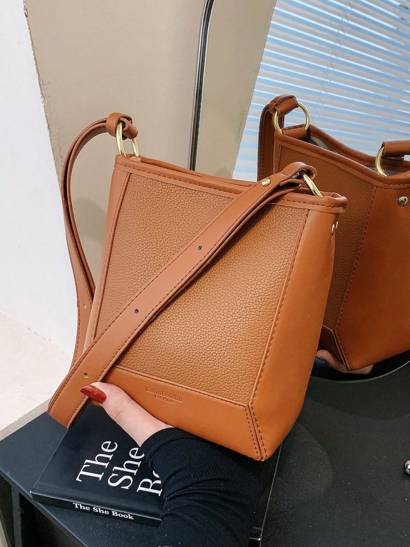 Mini Litchi Embossed Bucket Bag Brown Elegant For Work