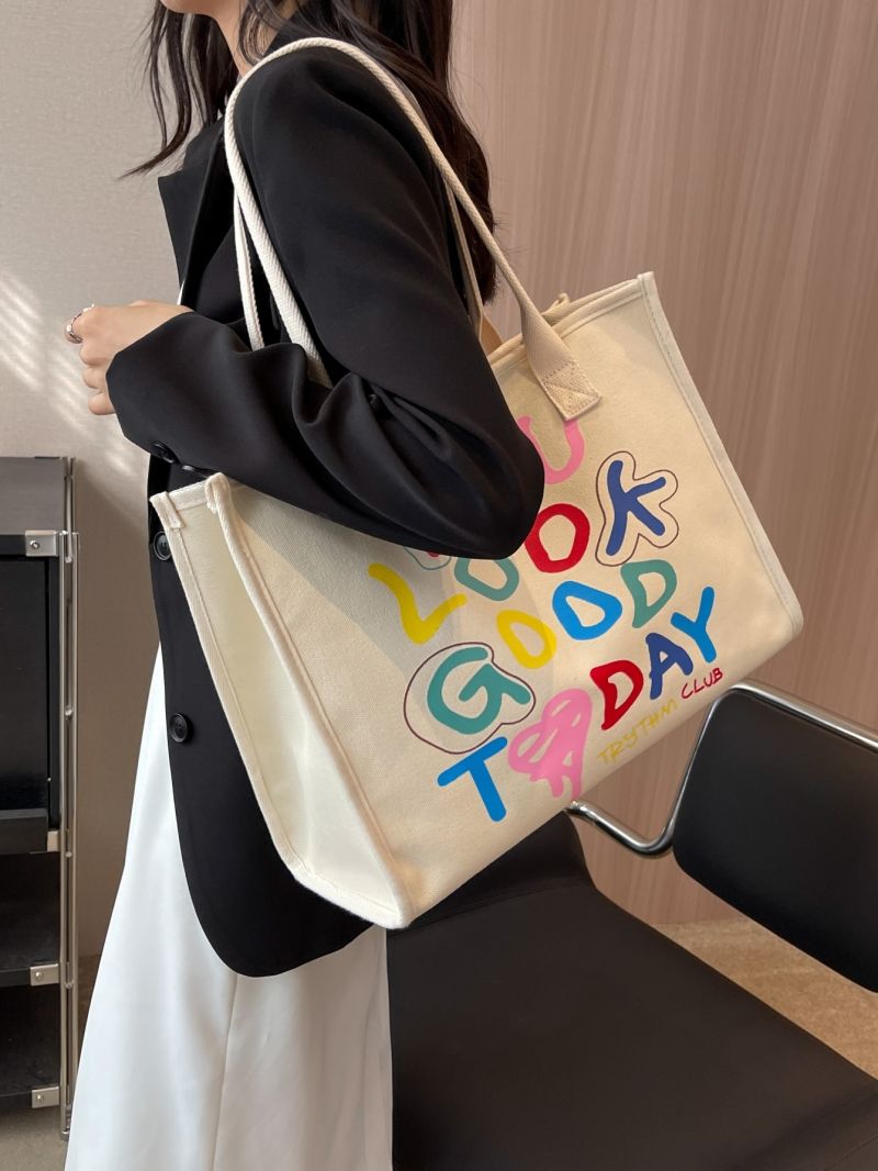 Letter Pattern Shoulder Tote Bag Large Capacity Double Handle For Daily